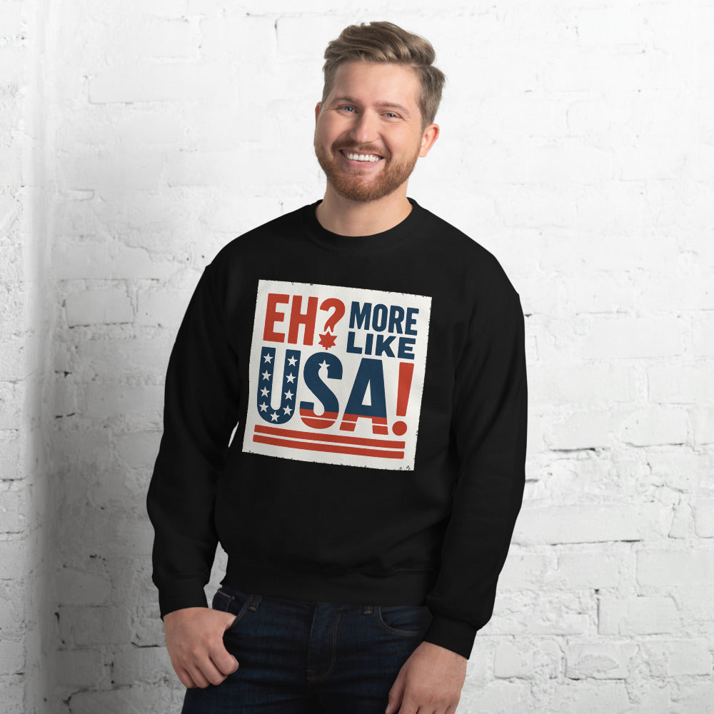 "Eh? More Like USA!" Crewneck Sweatshirt — political satire crewneck sweatshirt mockup — view 8