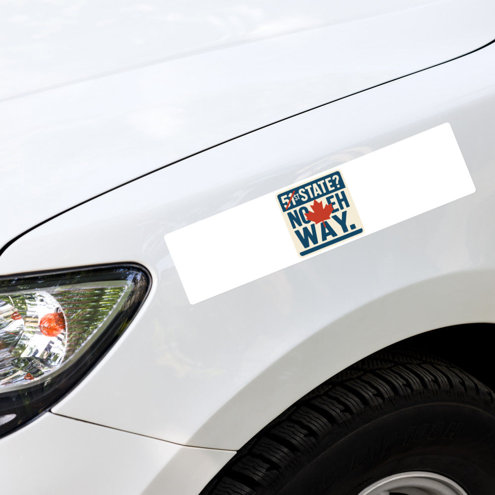 "51st State? No Eh Way." Bumper Sticker — political satire sticker mockup — view 4