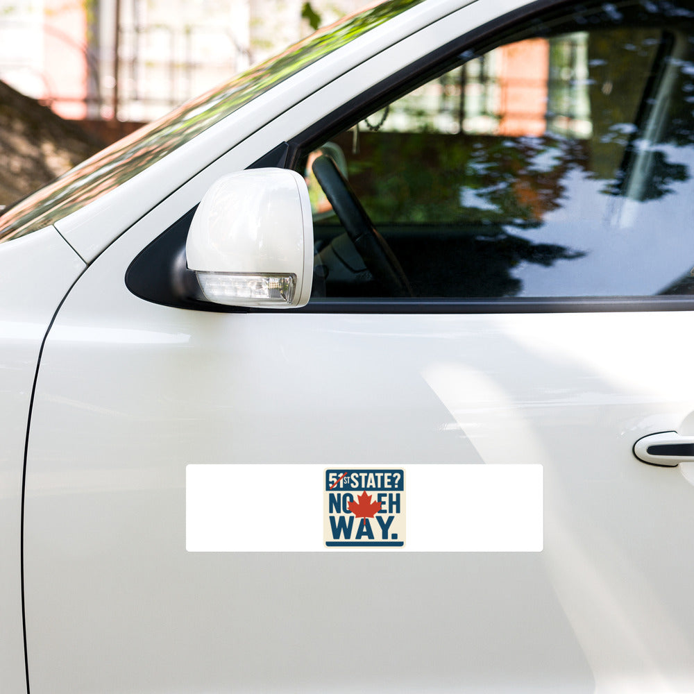 "51st State? No Eh Way." Bumper Sticker — political satire sticker mockup — view 5