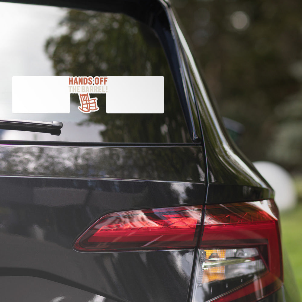 Hands Off The Barrel! Bumper Sticker — political satire sticker mockup — view 2