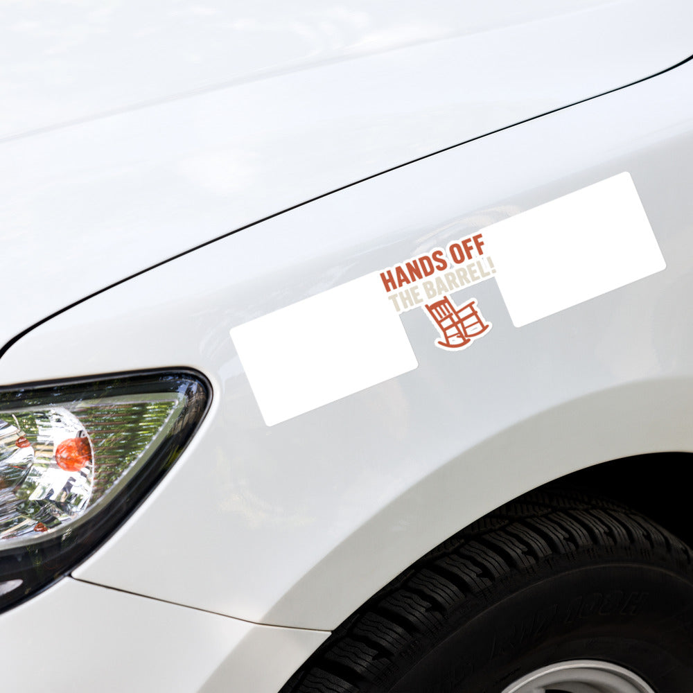 Hands Off The Barrel! Bumper Sticker — political satire sticker mockup — view 4