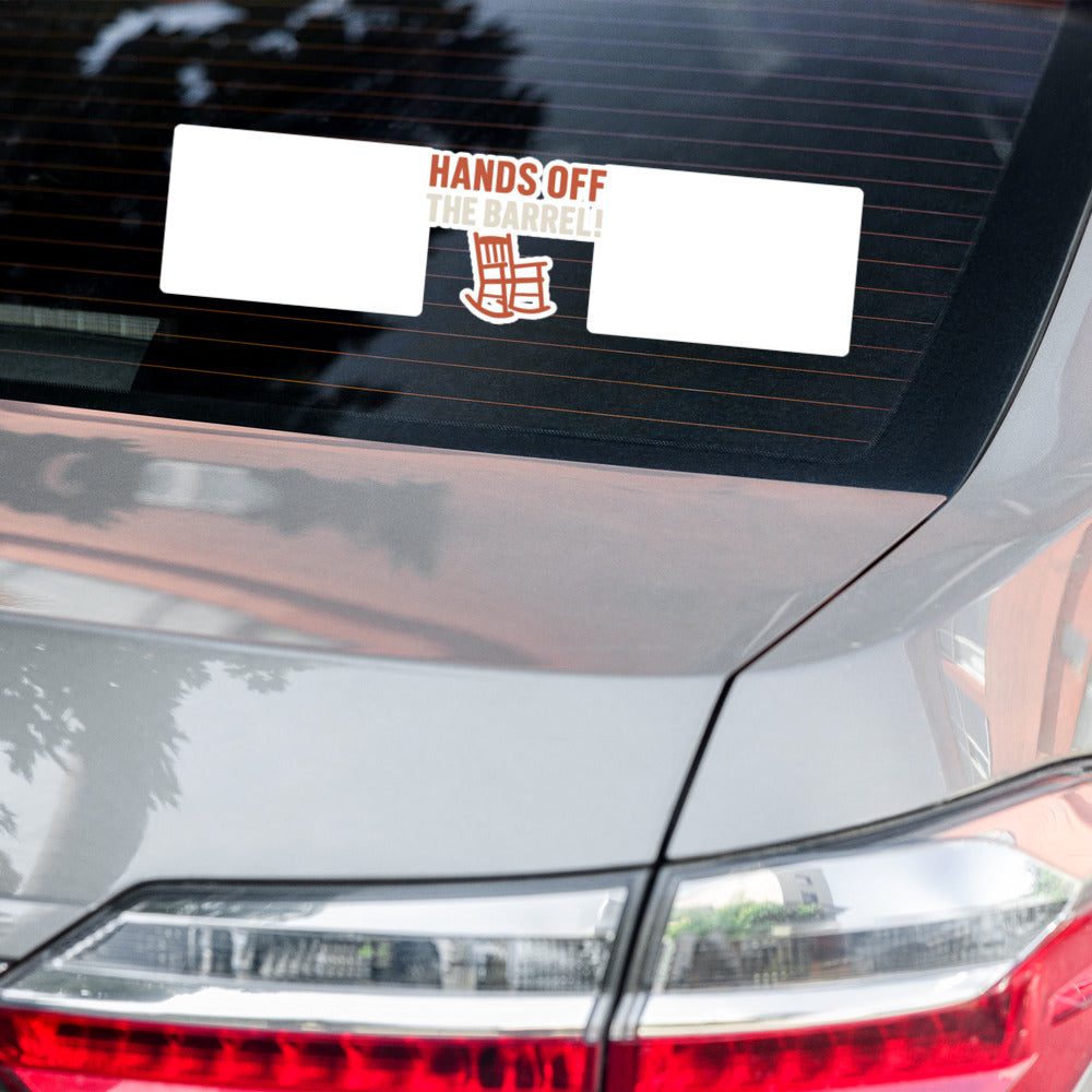 Hands Off The Barrel! Bumper Sticker — political satire sticker mockup — view 6