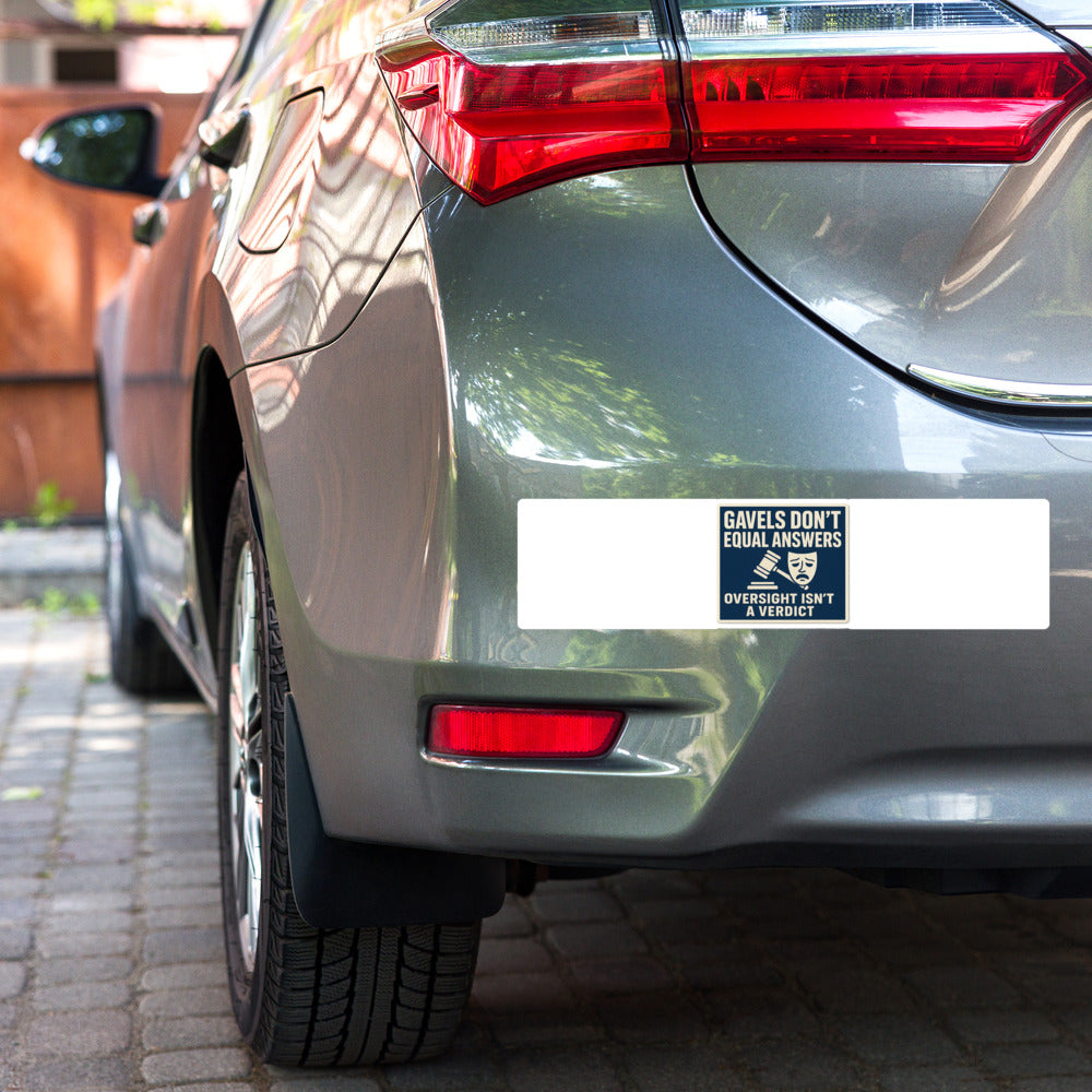 "Gavels Don't Equal Answers" Bumper Sticker — political satire sticker mockup — view 3