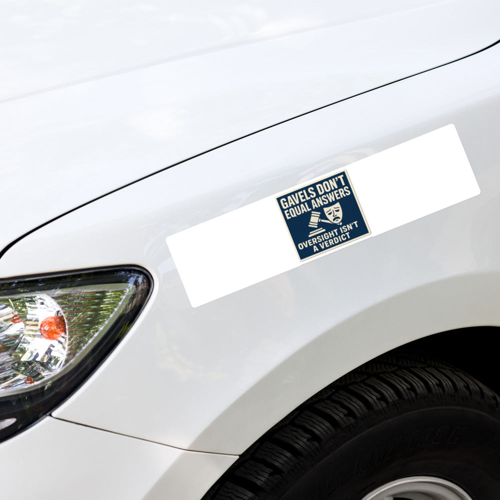 "Gavels Don't Equal Answers" Bumper Sticker — political satire sticker mockup — view 4