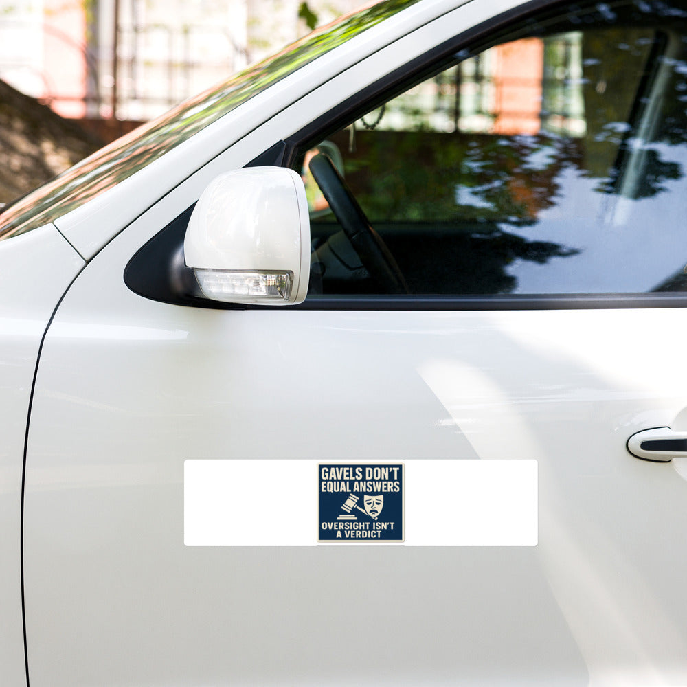 "Gavels Don't Equal Answers" Bumper Sticker — political satire sticker mockup — view 5