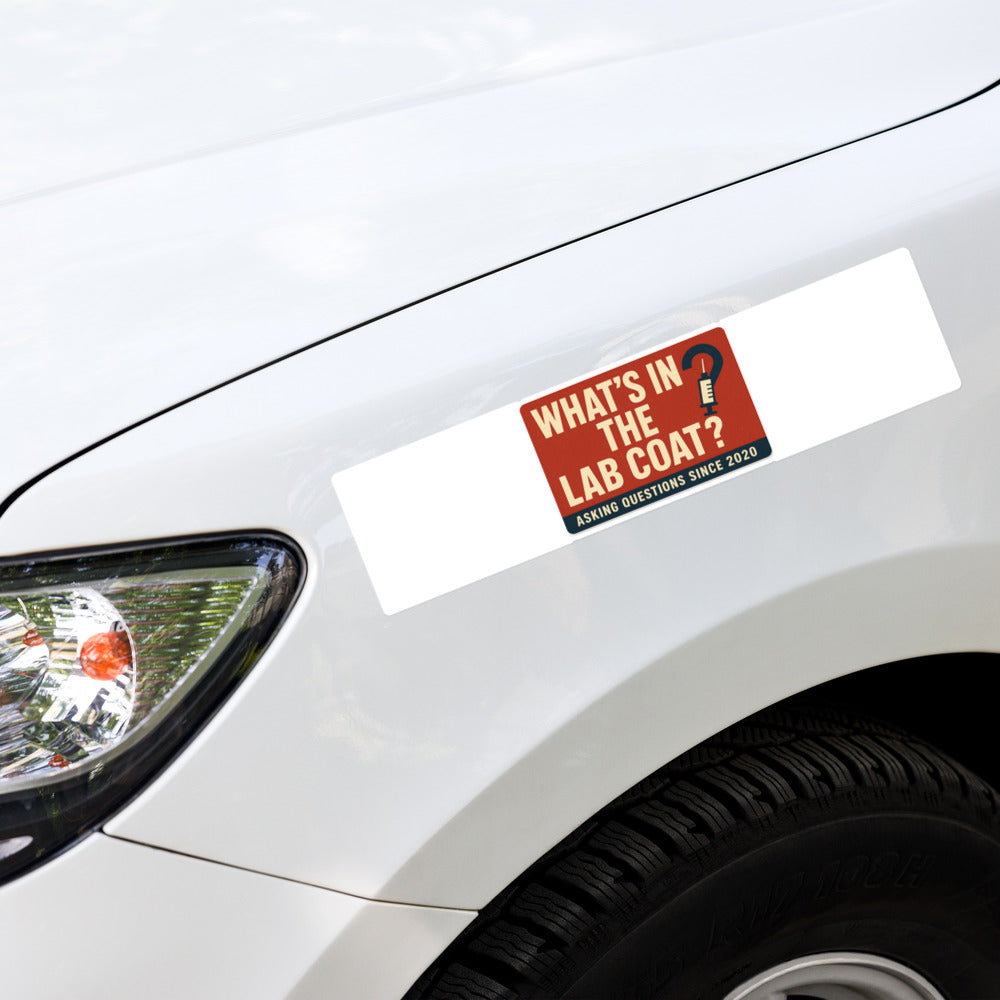 "What's In The Lab Coat?" Bumper Sticker — political satire sticker mockup — view 4
