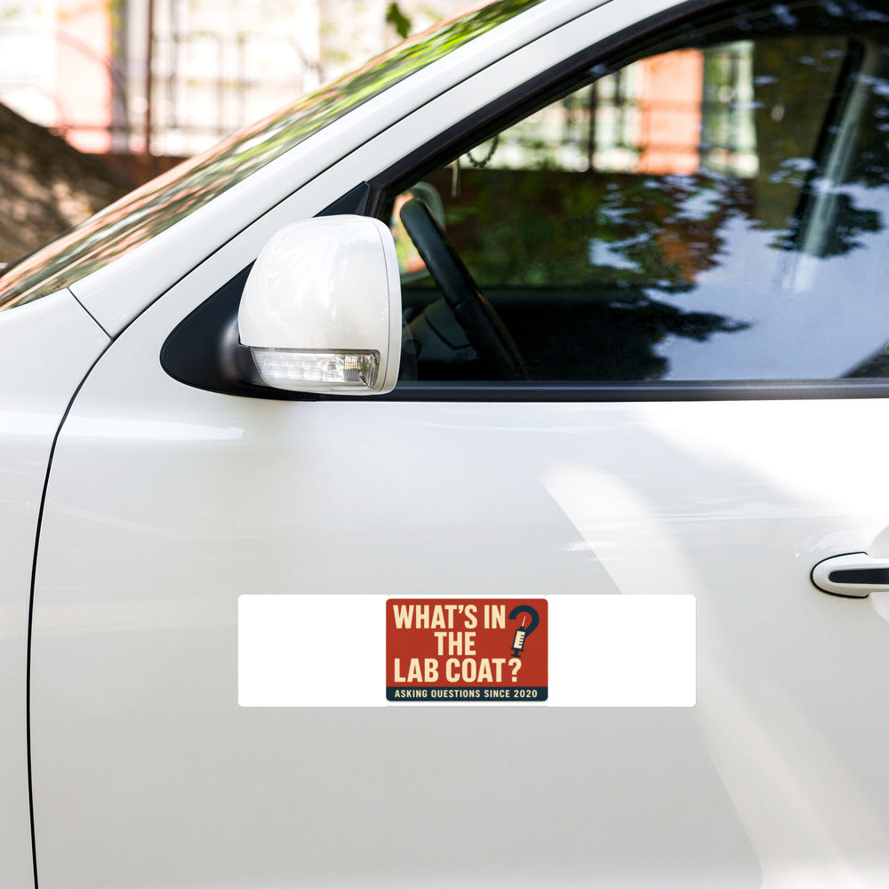 "What's In The Lab Coat?" Bumper Sticker — political satire sticker mockup — view 5