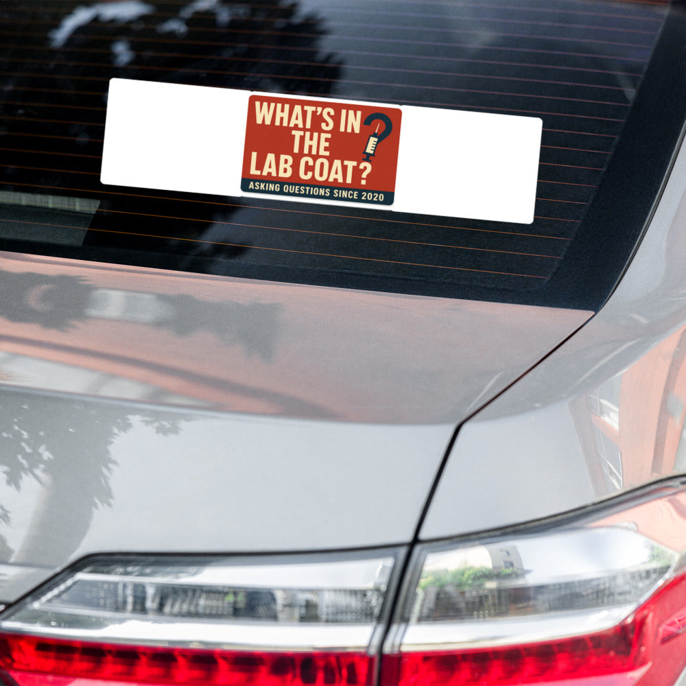 "What's In The Lab Coat?" Bumper Sticker — political satire sticker mockup — view 6
