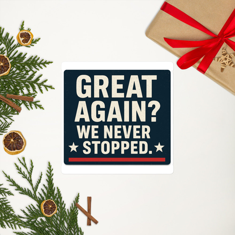 Great Again? We Never Stopped. Bumper Sticker — political satire sticker mockup — view 8