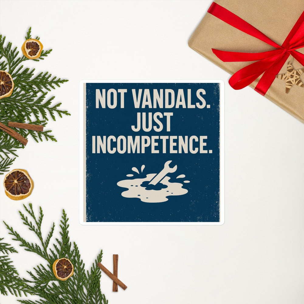 "Not Vandals. Just Incompetence." Bumper Sticker — political satire sticker mockup — view 8