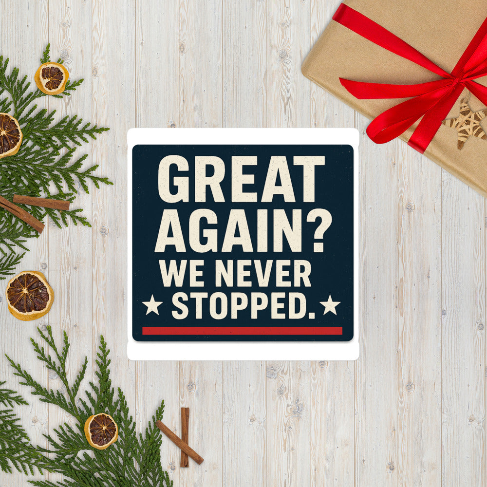Great Again? We Never Stopped. Bumper Sticker — political satire sticker mockup — view 7