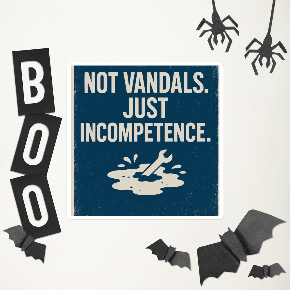 "Not Vandals. Just Incompetence." Bumper Sticker — political satire sticker mockup — view 6
