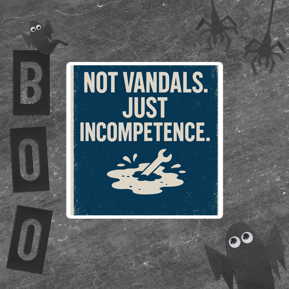 "Not Vandals. Just Incompetence." Bumper Sticker — political satire sticker mockup — view 5