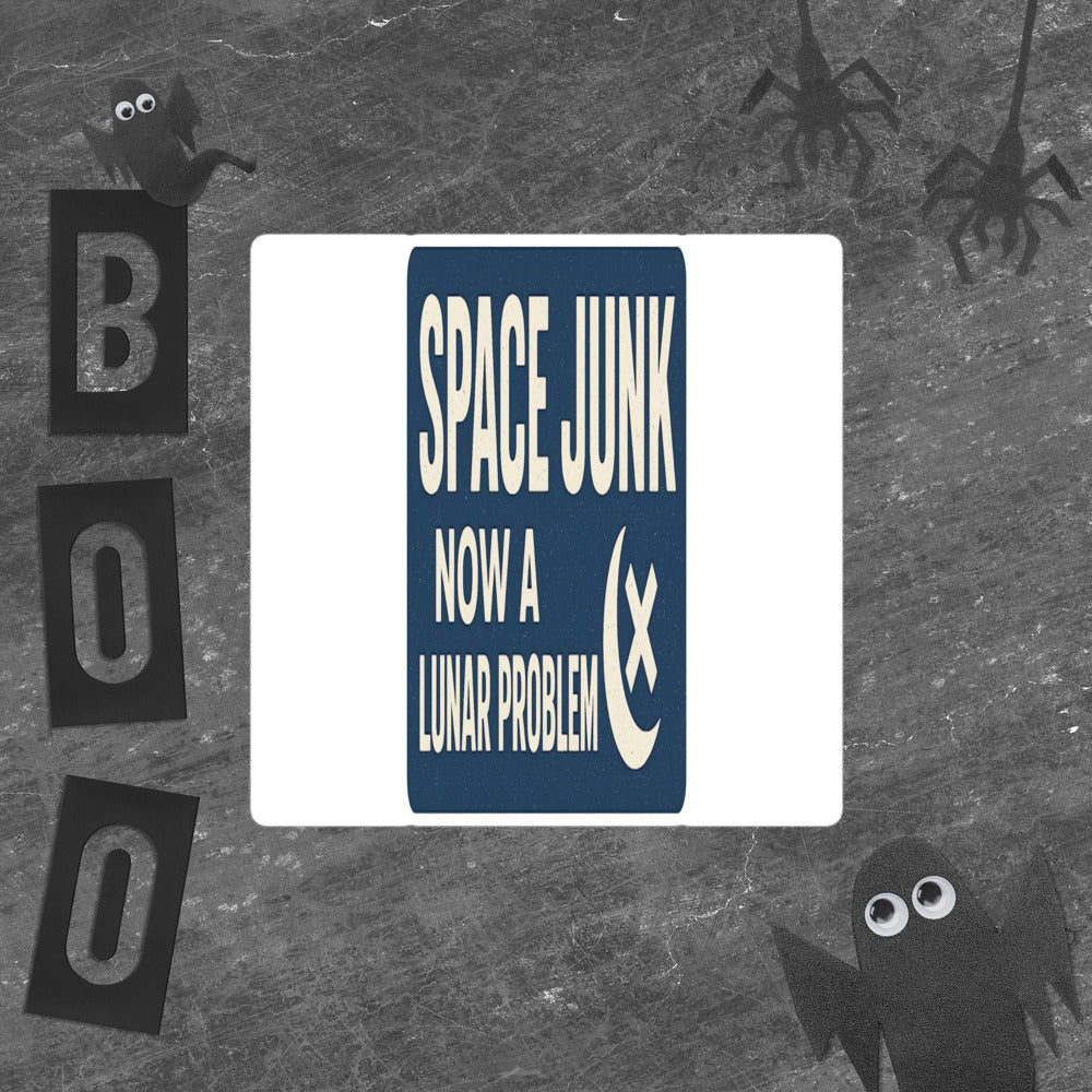 Space Junk: Now A Lunar Problem Bumper Sticker — political satire sticker mockup — view 5