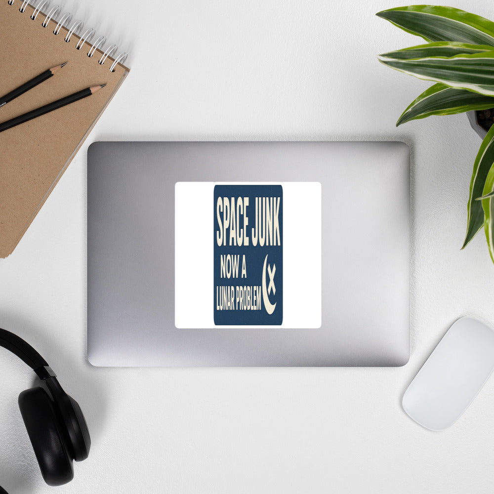 Space Junk: Now A Lunar Problem Bumper Sticker — political satire sticker mockup — view 4