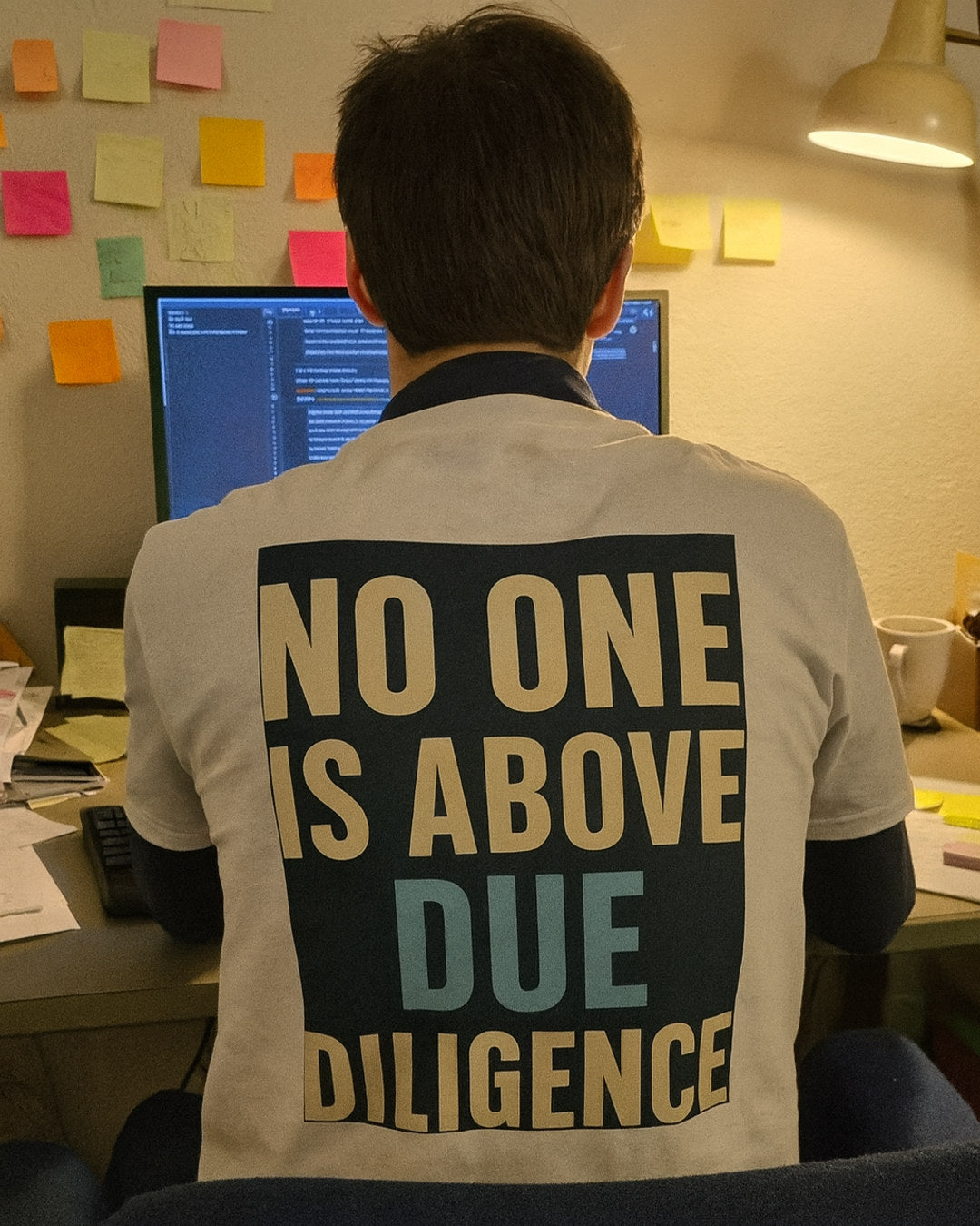 No One Is Above Due Diligence Tee — worn in the wild