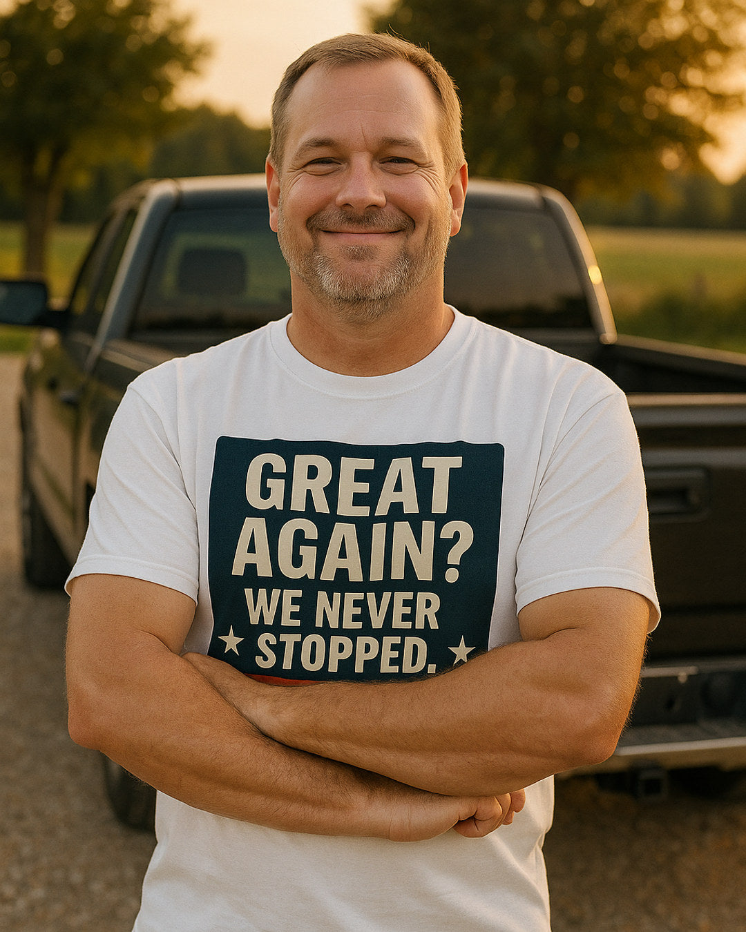 Great Again? We Never Stopped. Tee — worn in the wild