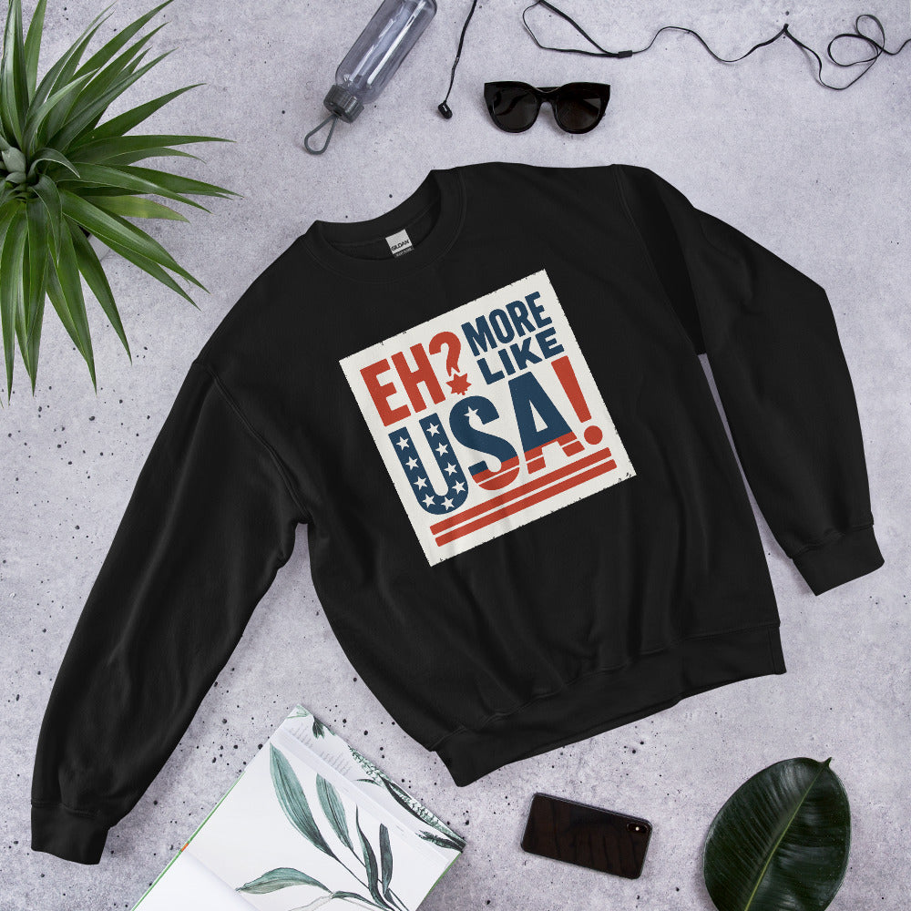 "Eh? More Like USA!" Crewneck Sweatshirt — political satire crewneck sweatshirt mockup — view 3