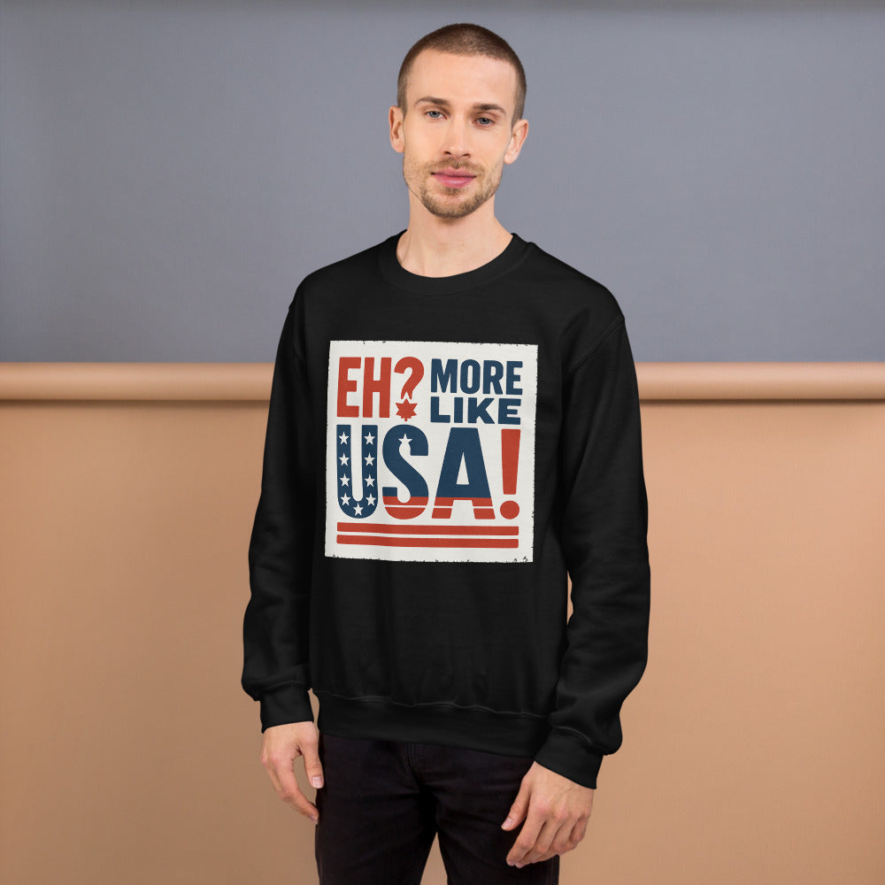 "Eh? More Like USA!" Crewneck Sweatshirt — political satire crewneck sweatshirt mockup — view 6