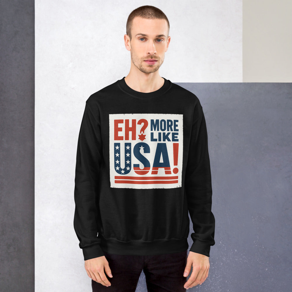 "Eh? More Like USA!" Crewneck Sweatshirt — political satire crewneck sweatshirt mockup — view 7