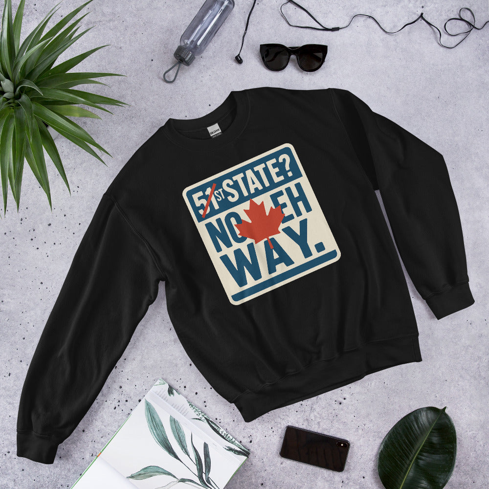 "51st State? No Eh Way." Crewneck Sweatshirt — political satire crewneck sweatshirt mockup — view 3