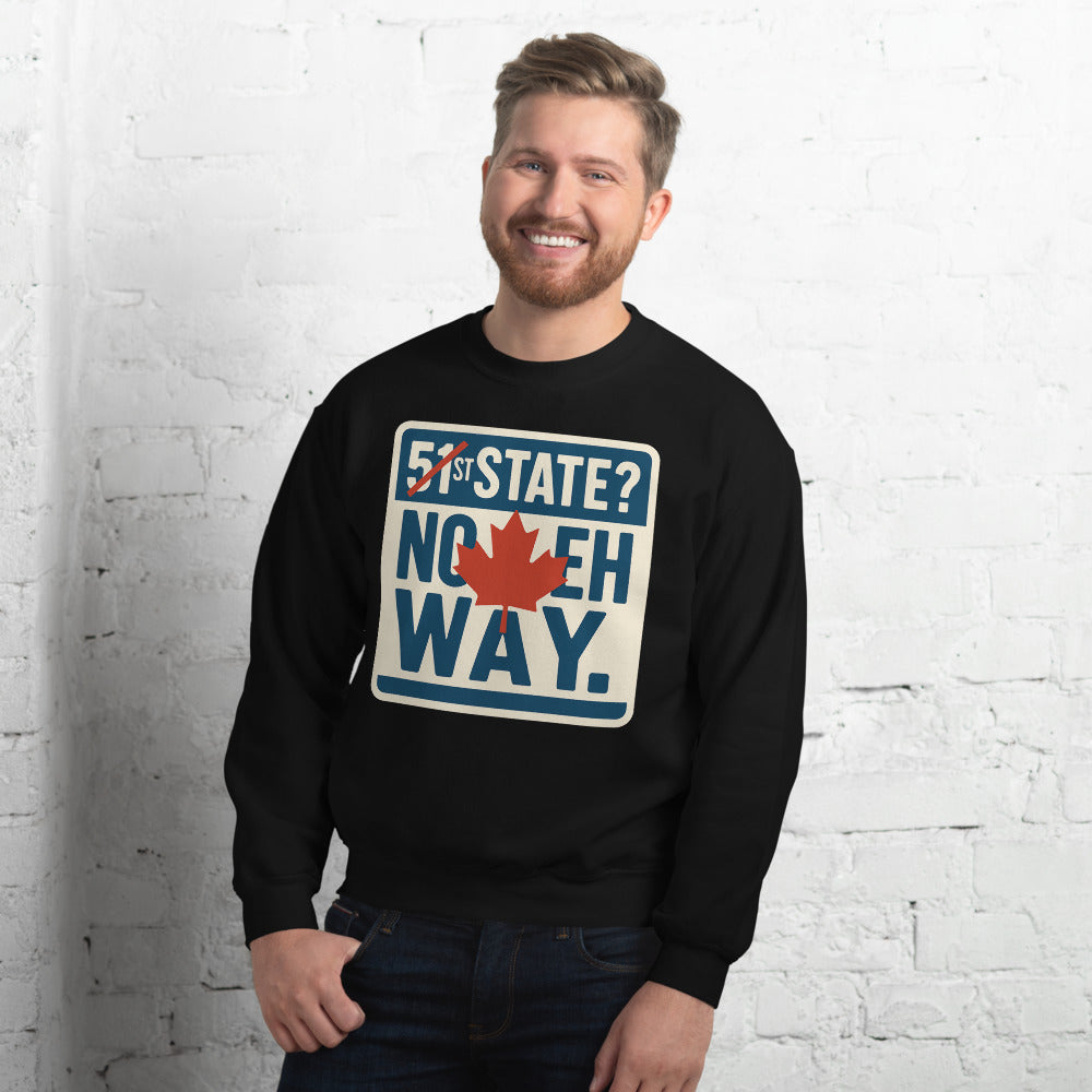 "51st State? No Eh Way." Crewneck Sweatshirt — political satire crewneck sweatshirt mockup — view 8