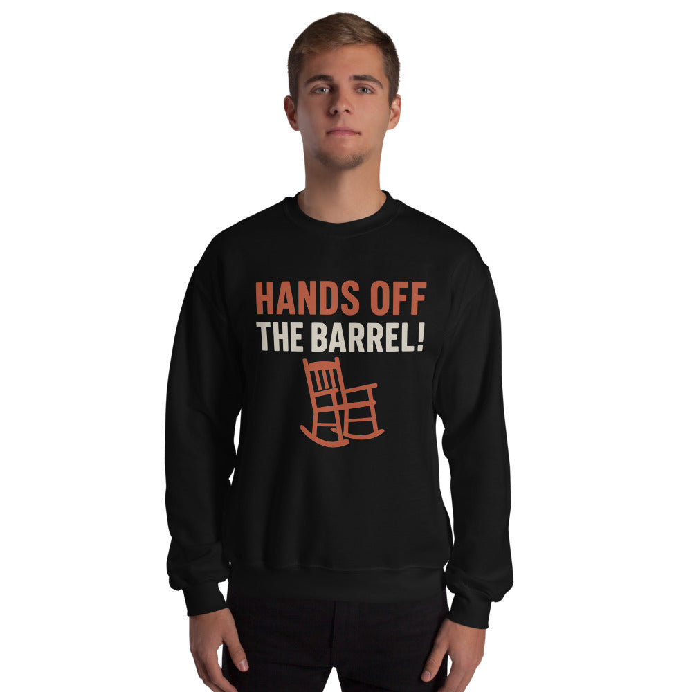 Hands Off The Barrel! Crewneck Sweatshirt — political satire crewneck sweatshirt mockup — view 4