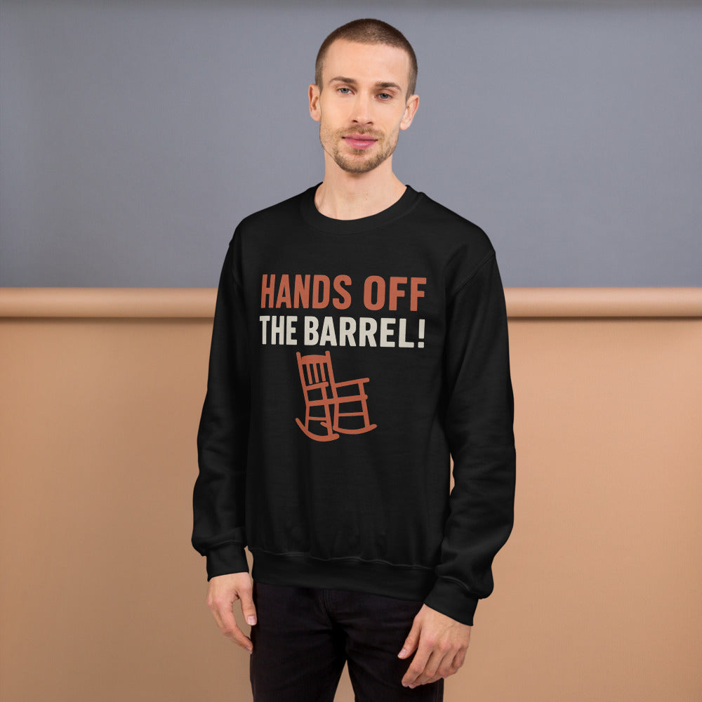 Hands Off The Barrel! Crewneck Sweatshirt — political satire crewneck sweatshirt mockup — view 6