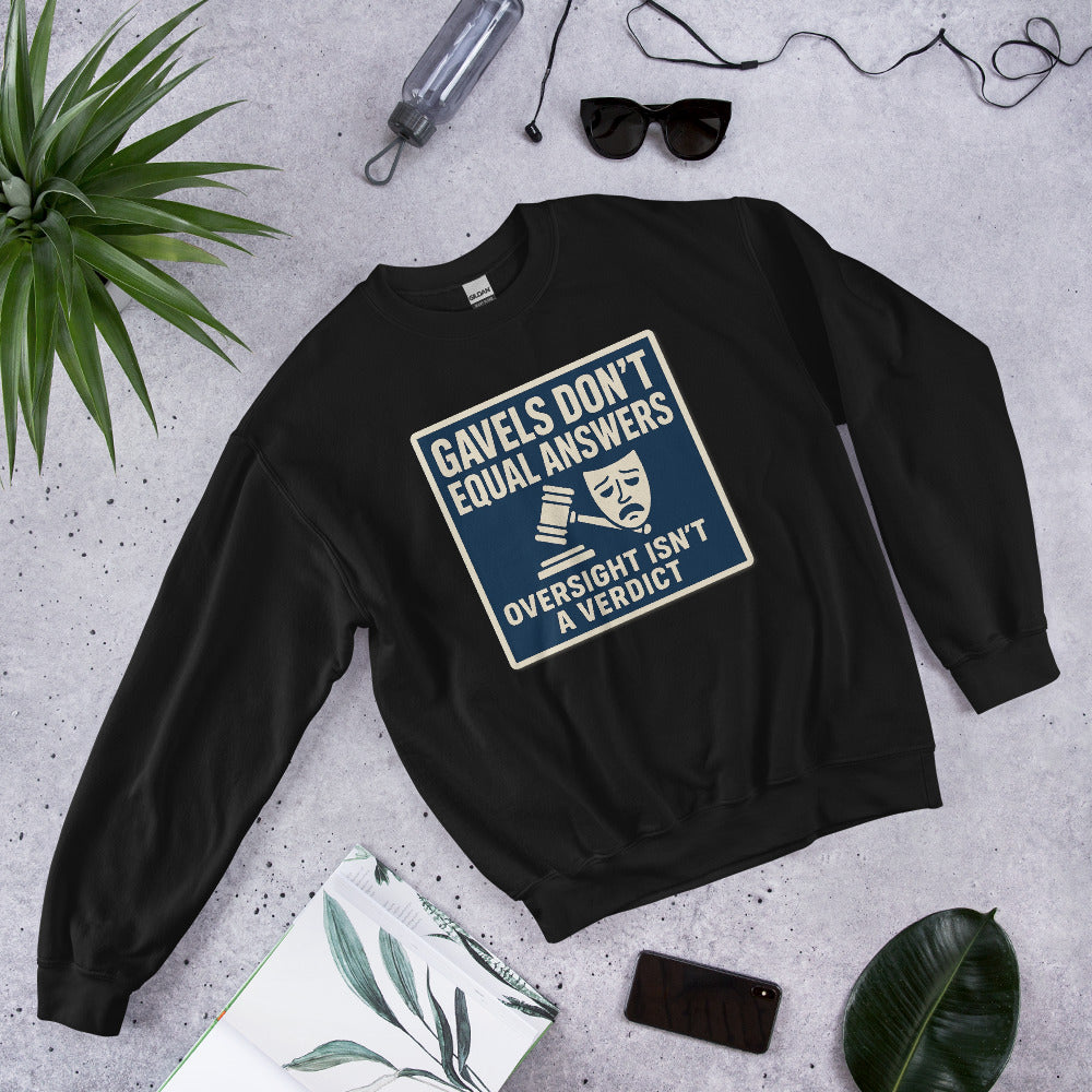 "Gavels Don't Equal Answers" Crewneck Sweatshirt — political satire crewneck sweatshirt mockup — view 3