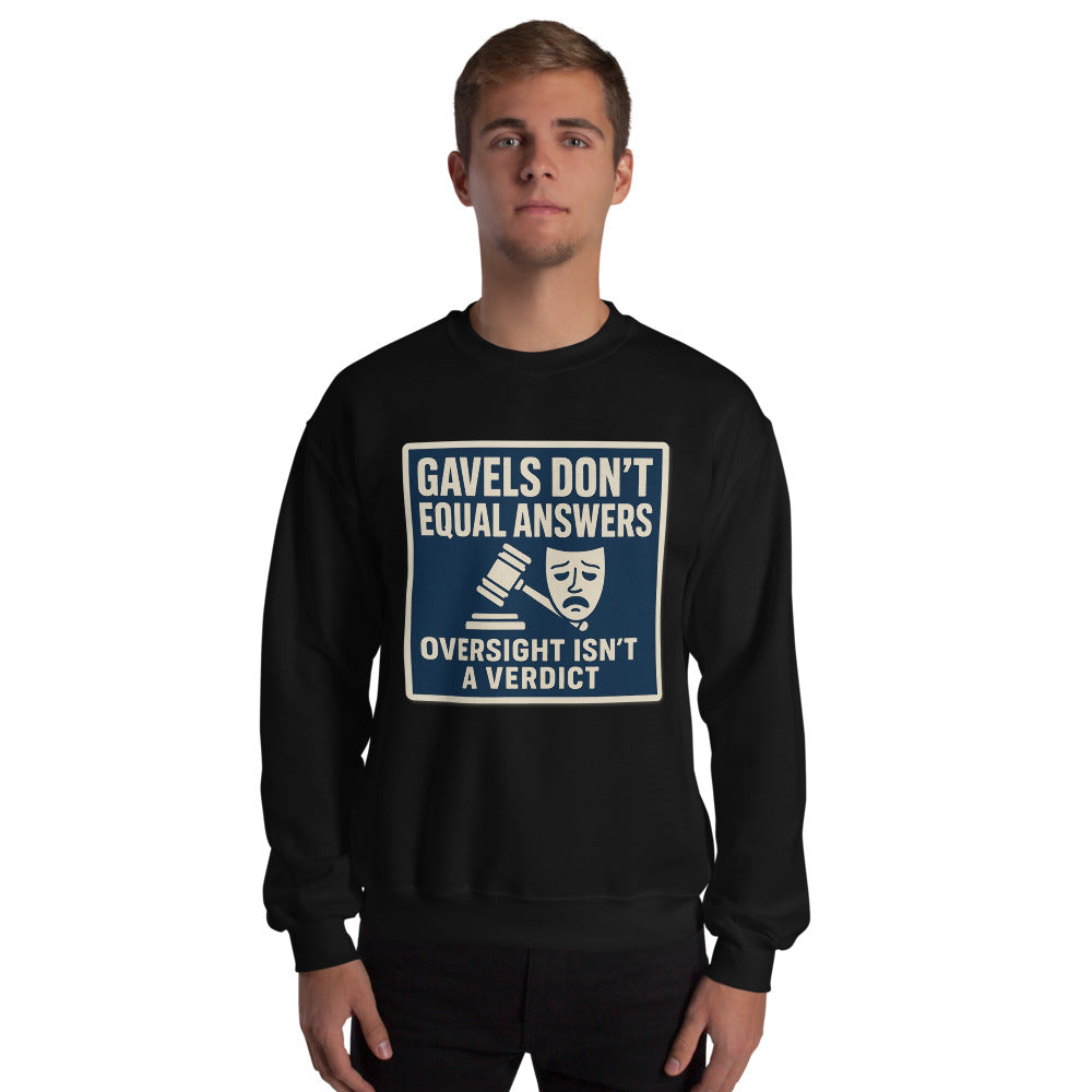 "Gavels Don't Equal Answers" Crewneck Sweatshirt — political satire crewneck sweatshirt mockup — view 4