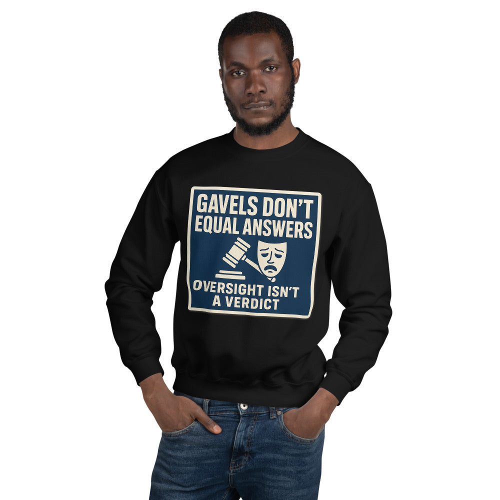 "Gavels Don't Equal Answers" Crewneck Sweatshirt — political satire crewneck sweatshirt mockup — view 5