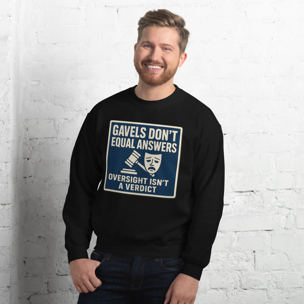 "Gavels Don't Equal Answers" Crewneck Sweatshirt — political satire crewneck sweatshirt mockup — view 8