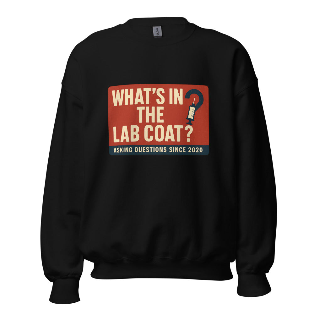 "What's In The Lab Coat?" Crewneck Sweatshirt — political satire crewneck sweatshirt mockup — view 1