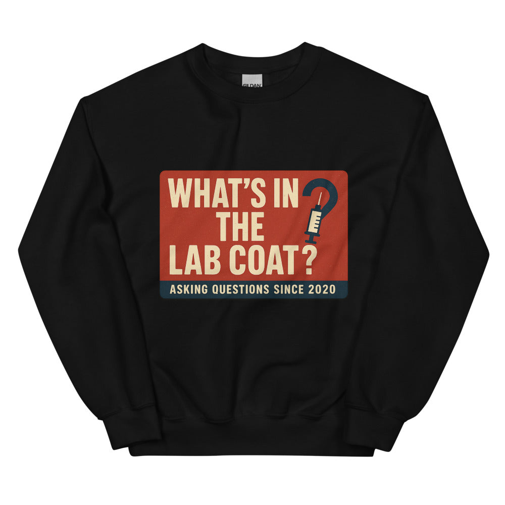 "What's In The Lab Coat?" Crewneck Sweatshirt — political satire crewneck sweatshirt mockup — view 2