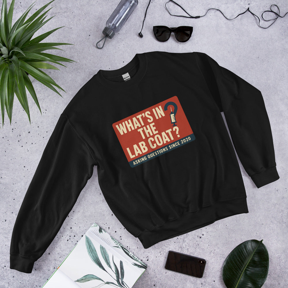 "What's In The Lab Coat?" Crewneck Sweatshirt — political satire crewneck sweatshirt mockup — view 3