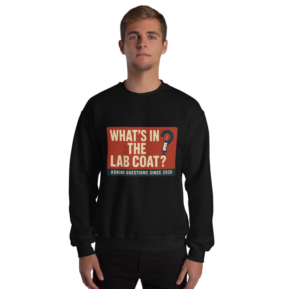 "What's In The Lab Coat?" Crewneck Sweatshirt — political satire crewneck sweatshirt mockup — view 4