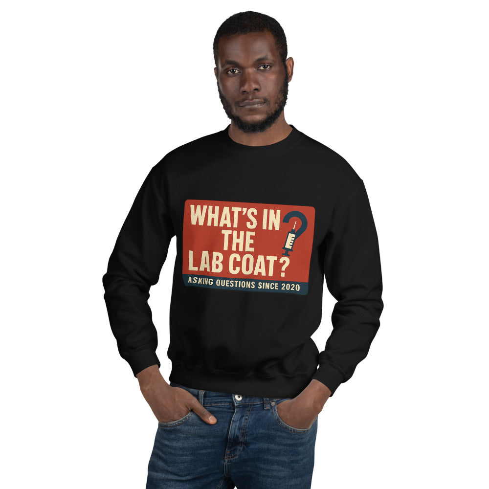 "What's In The Lab Coat?" Crewneck Sweatshirt — political satire crewneck sweatshirt mockup — view 5