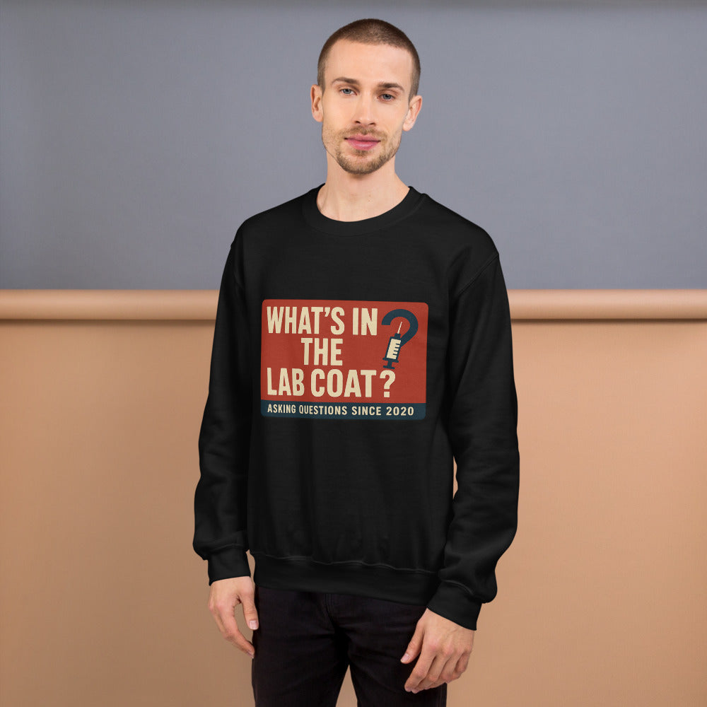 "What's In The Lab Coat?" Crewneck Sweatshirt — political satire crewneck sweatshirt mockup — view 6