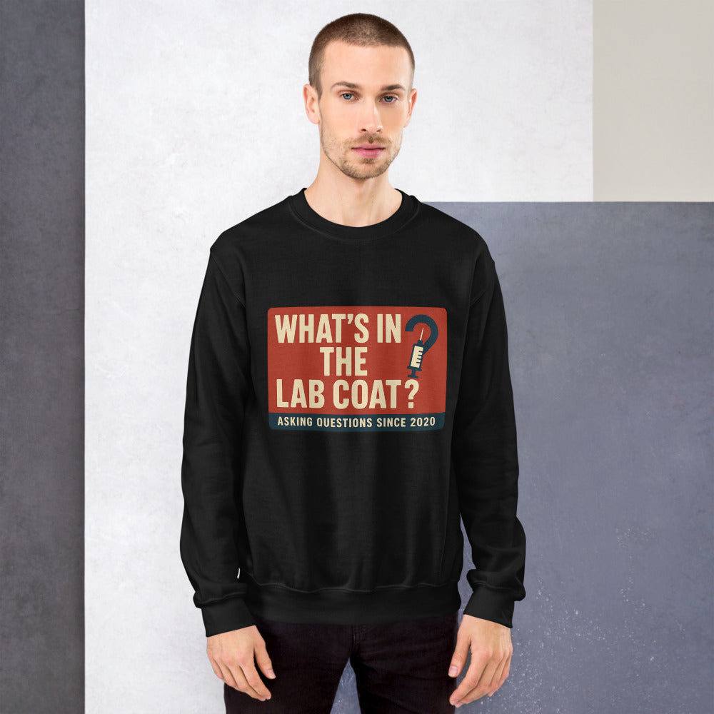 "What's In The Lab Coat?" Crewneck Sweatshirt — political satire crewneck sweatshirt mockup — view 7
