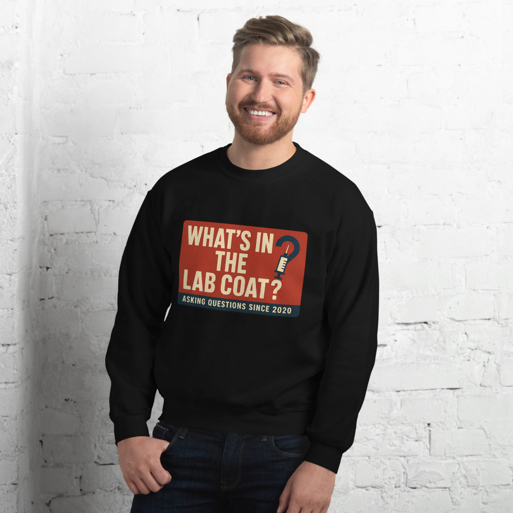 "What's In The Lab Coat?" Crewneck Sweatshirt — political satire crewneck sweatshirt mockup — view 8