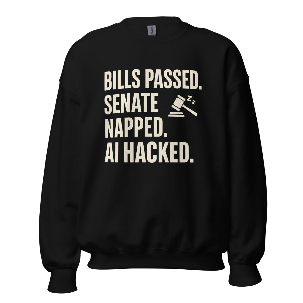 Bills Passed. Senate Napped. AI Hacked. Crewneck Sweatshirt — political satire crewneck sweatshirt mockup — view 3