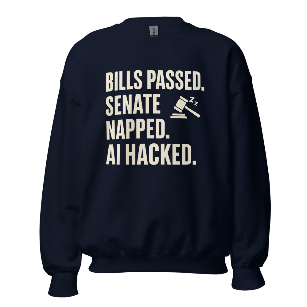 Bills Passed. Senate Napped. AI Hacked. Crewneck Sweatshirt — political satire crewneck sweatshirt mockup — view 5