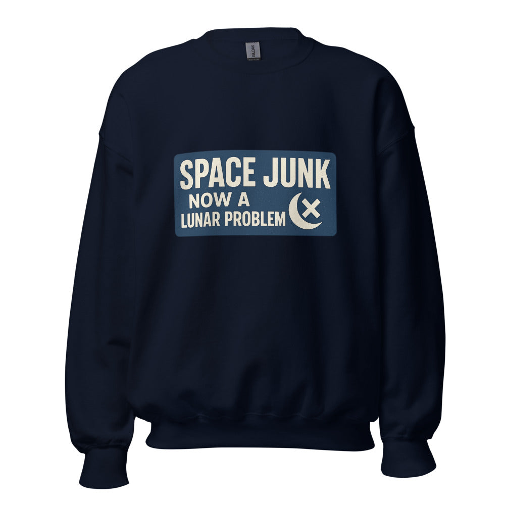 Space Junk: Now A Lunar Problem Crewneck Sweatshirt — political satire crewneck sweatshirt mockup — view 5