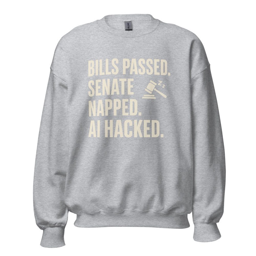 Bills Passed. Senate Napped. AI Hacked. Crewneck Sweatshirt — political satire crewneck sweatshirt mockup — view 7