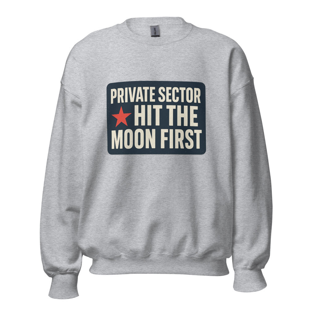 Private Sector Hit The Moon First Crewneck Sweatshirt — political satire crewneck sweatshirt mockup — view 7
