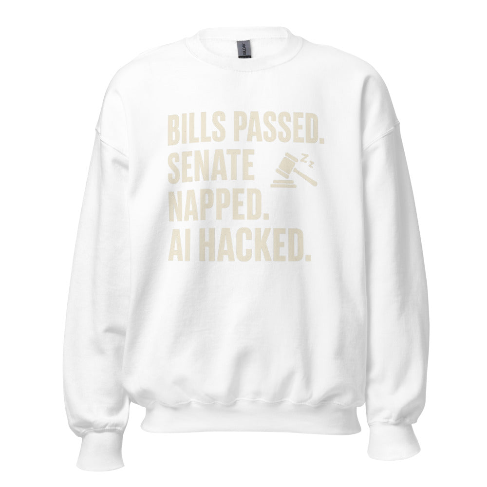 Bills Passed. Senate Napped. AI Hacked. Crewneck Sweatshirt — political satire crewneck sweatshirt mockup — view 1