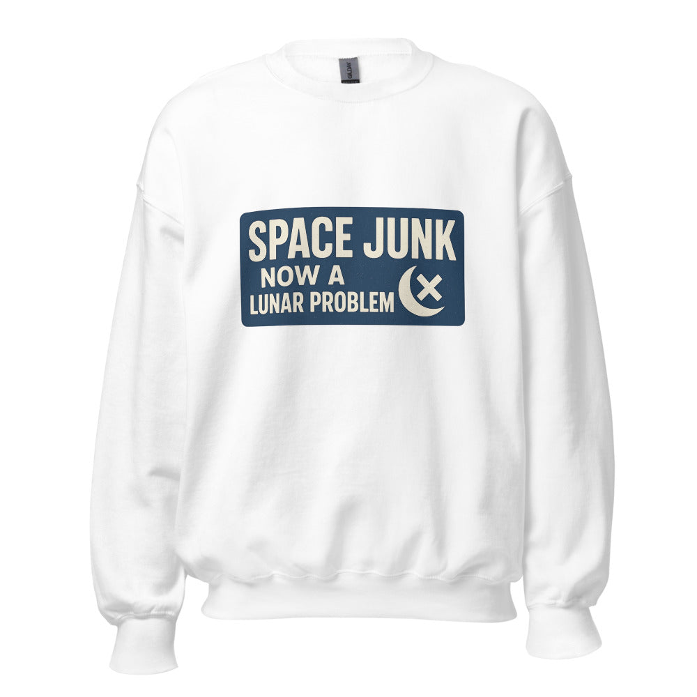 Space Junk: Now A Lunar Problem Crewneck Sweatshirt — political satire crewneck sweatshirt mockup — view 1