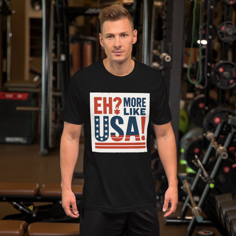 "Eh? More Like USA!" Tee — political satire tee mockup — view 4