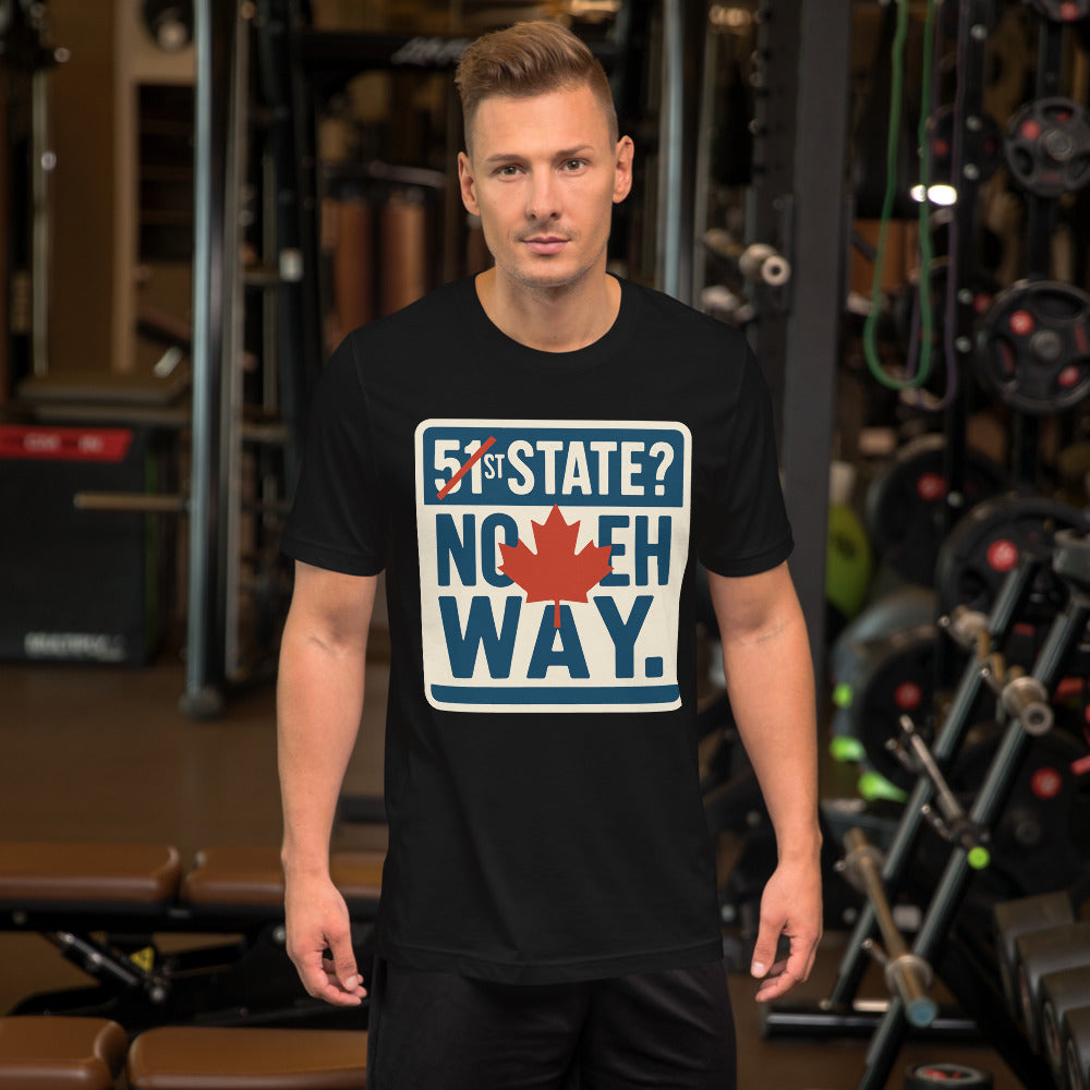 "51st State? No Eh Way." Tee — political satire tee mockup — view 4