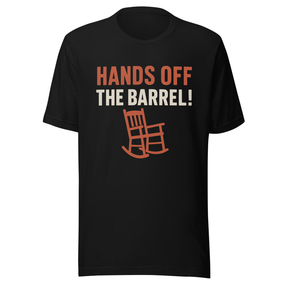 Hands Off The Barrel! Tee — political satire tee mockup — view 1